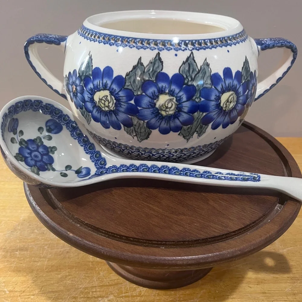 Vtg Polish Pottery Blue Floral Soup Tureen Set with Lid and Ladle Hand Painted